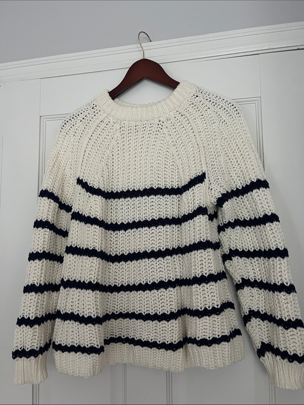 Tommy Bahama Cream Knit Sweater with Navy Stripes - Size Large